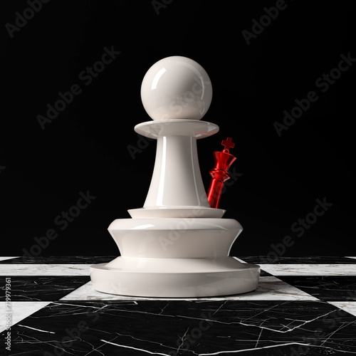 The Pawn chess piece has a red KING piece behind it.
