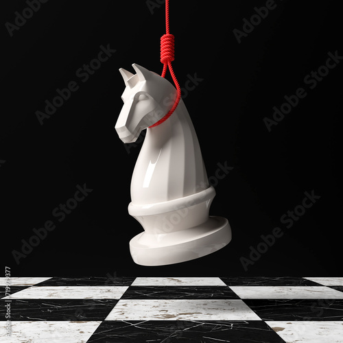 The knight chess piece was hanged to death with a red rope. 3D Scene.