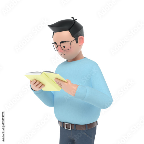A man wearing glasses stands and reads a book against a white background. 3D Cartoon