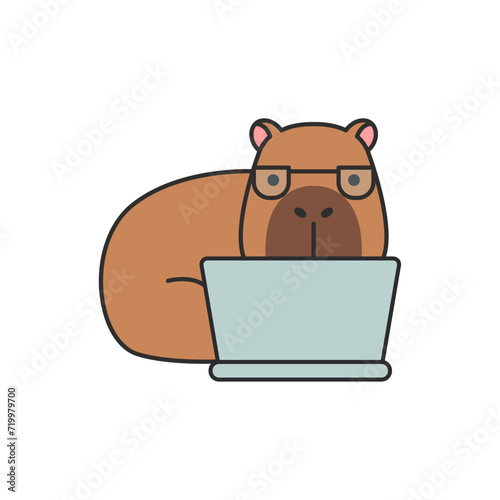 capybara with laptop flat icon. Vector illustration, eps 10
