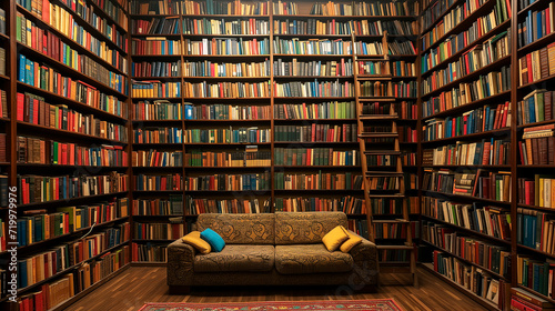 Bookshelves in the library. Large bookstore with many books. Sofa in the living room to read books