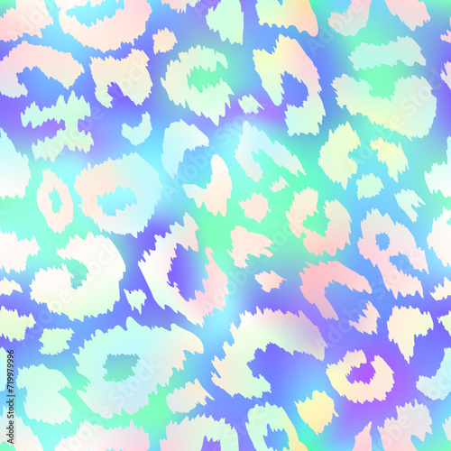 Trendy Neon Leopard seamless pattern. Vector rainbow wild animal cheetah skin, gradient leo texture with neon spots on holographic blue background for fashion print design, backgrounds, wrapping paper