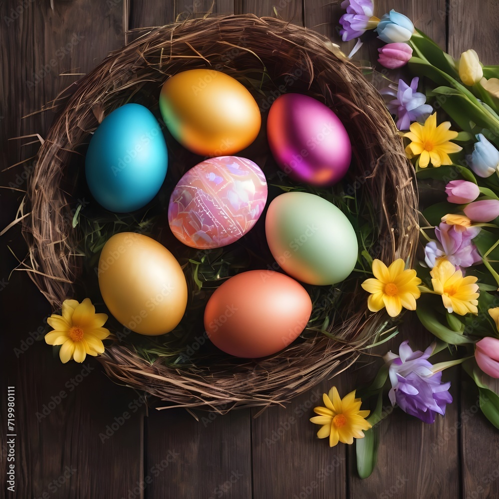 Colorful Easter eggs with design in a basket on a dark wooden background. Colorful Happy Easter eggs in a nest with flowers. Beautiful Happy Easter background. Colorful Easter eggs with design in a basket on a dark wooden background. Colorful Happy Easter eggs in a nest with flowers. Beautiful Happy Easter background.