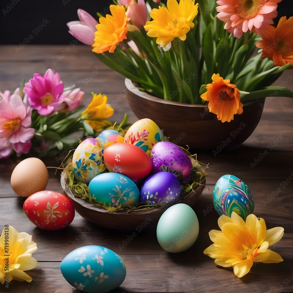 Colorful Easter eggs with design in a basket on a dark wooden background. Colorful Happy Easter eggs in a nest with flowers. Beautiful Happy Easter background.