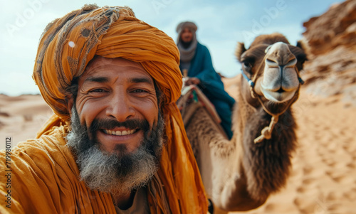 Arabian, desert and camel with friends for travel, freedom or vacation. Health, activity and outdoors with middle east view and sunset view for wellness, motivation or discovery in nature © BotStarter/Peopleimages - AI