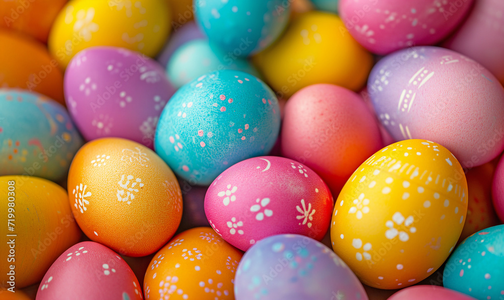 Easter background with hand painted colored eggs. Easter eggs close up. View from above. Postcard for congratulations on Easter. Easter background with hand painted colored eggs. Easter eggs close up. View from above. Postcard for congratulations on Easter.