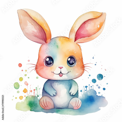 Cute bunny with splashes of colors isolated on a white background. Watercolor rabbit illustration for greeting cards and more. Colorful Easter bunny art. Postcard. Happy Easter card. Adorable rabbit.