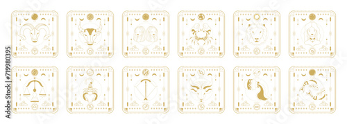 Set of zodiac signs icons. Astrology horoscope with signs and planets.