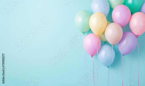 colorful balloons against pastel blue / green background, birthday wallpaper with copy space, celebration backdrop