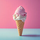 Two scoops of vanilla and strawberry ice cream cones on a pastel blue-pink background. Vector Illustration of Delicious Frozen Dessert in Waffle Cone. Sweet summer concept