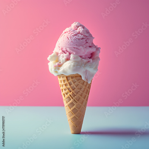 Two scoops of vanilla and strawberry ice cream cones on a pastel blue-pink background. Vector Illustration of Delicious Frozen Dessert in Waffle Cone. Sweet summer concept