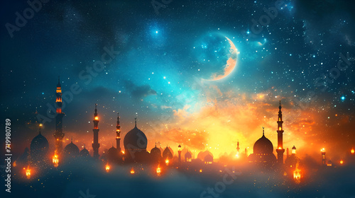 Ramadan Kareem background with crescent, mosque, stars and glowing cloud, Ramadan background. generative ai