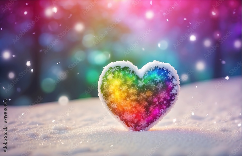 Heart in rainbow colors snow forest background. Valentine's day creative concept