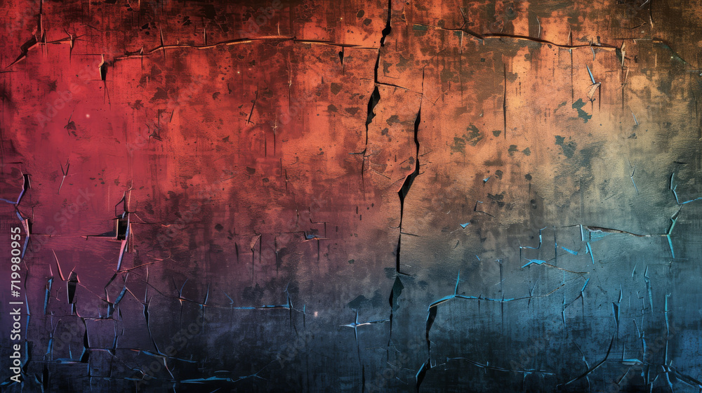 Red to blue gradient on a textured wall with grunge effects.
