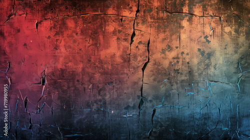 Red to blue gradient on a textured wall with grunge effects.