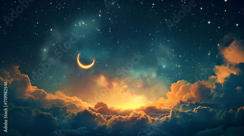 Ramadan Kareem background with crescent, mosque, stars and glowing cloud, Ramadan background. generative ai © Saleem
