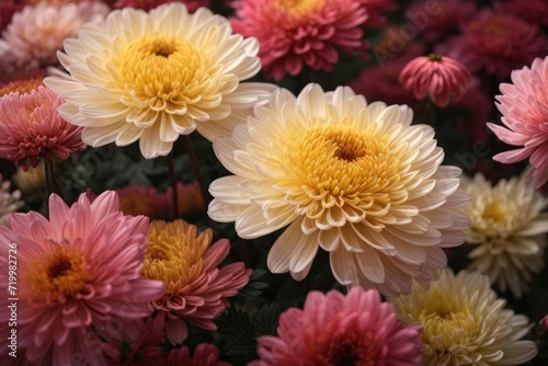 Chrysanthemum Blossoms Silhouettes Dance in Harmonious Splendor, A Pixelated Tapestry of Nature's Beauty