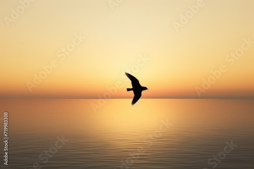 Seagull on sunrise, minimalistic silhouette of a bird flying over the horizon at dawn © VisionCraft