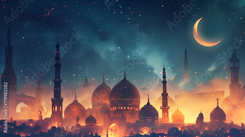 Ramadan Kareem background with crescent, mosque, stars and glowing cloud, Ramadan background. generative ai