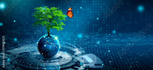 Fototapeta Naklejka Na Ścianę i Meble -  Tree growing on Earth with abstract blue background. Environmental Technology, Earth day, Energy saving, Environmentally friendly, csr, and IT ethics Concept. Elements furnished by NASA.