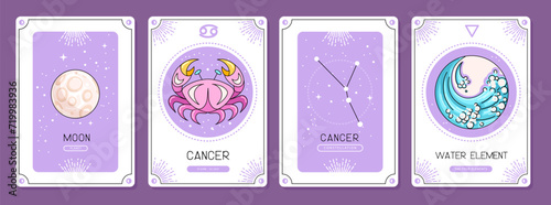 Set of cartoon magic witchcraft cards with astrology Cancer zodiac sign characteristic. Vector illustration