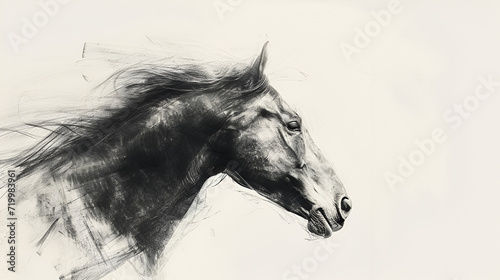 sketch side portrait of a horse profile on a white background, copy space, generative ai © Chaman