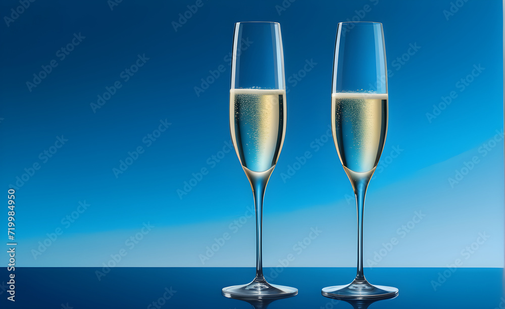 Two champagne glasses on a simple soft blue background, Valentine's Day, Christmas. Generative AI