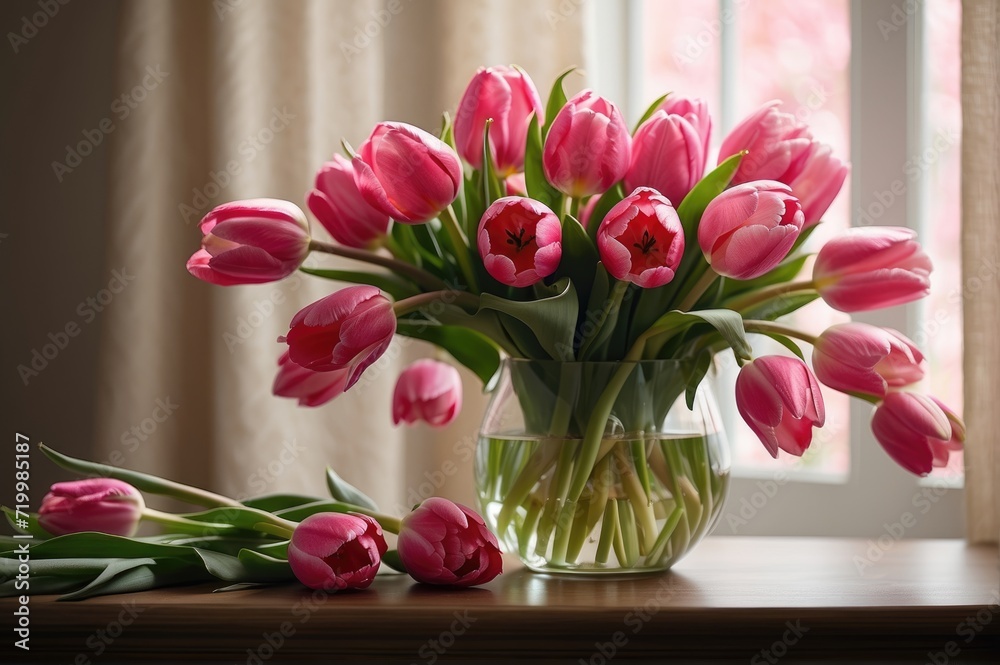 Fototapeta premium Solitary Pink Tulip Vase in Soft Focus, Radiating Tranquility and Floral Beauty