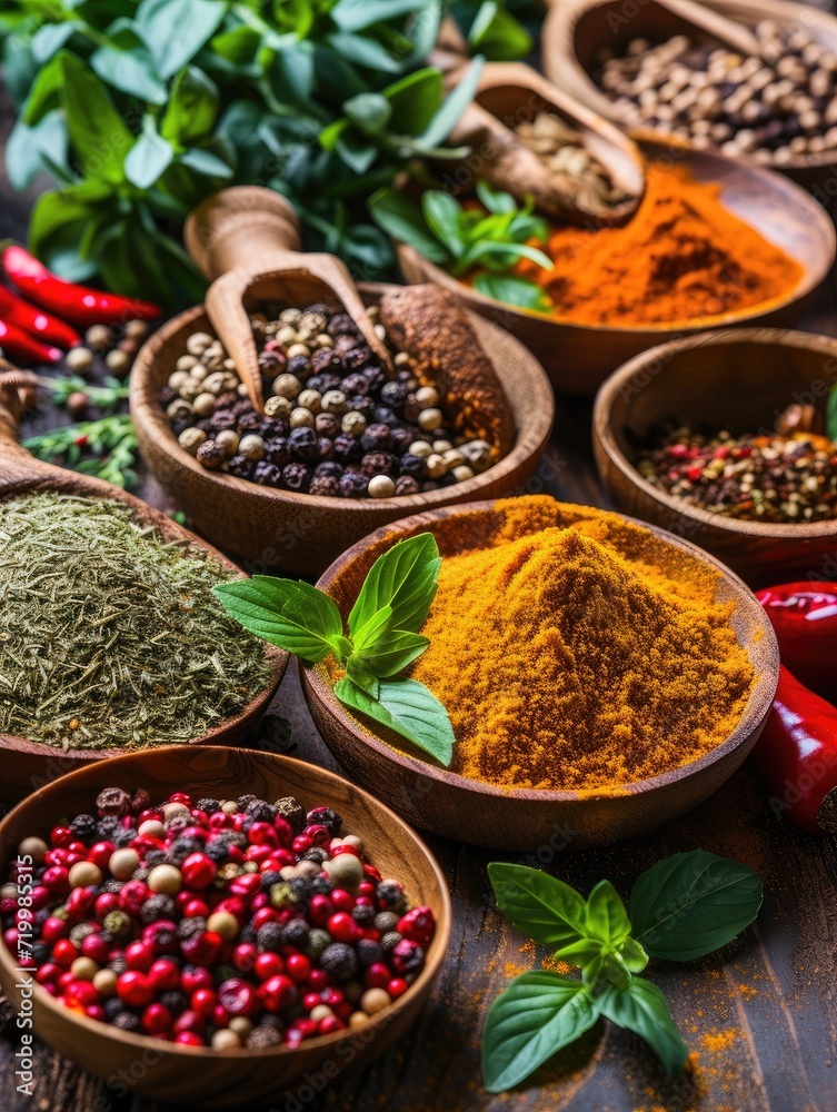 Colorful spices and herbs on a wooden background. Colorful spices and herbs on a wooden background.
