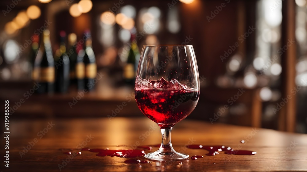Glass of red wine on the bar counter in a pub or restaurant