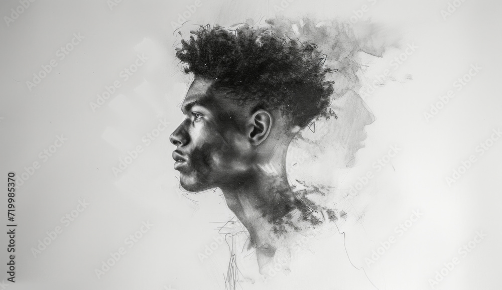 Portrait, sketch and drawing of a black man for artist inspiration, creativity and background. Detailed, pencil illustration and drawing of a male on white canvas for education, lesson and hobby - obrazy, fototapety, plakaty 
