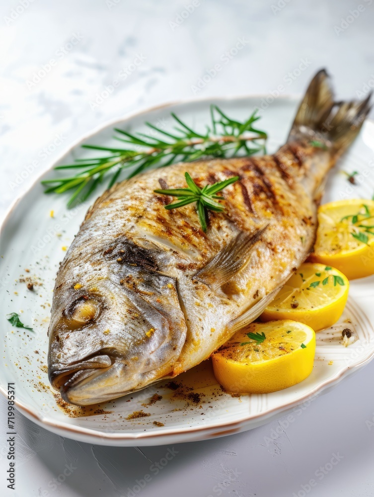Grilled dorado fish with lemon on white background Grilled dorado fish with lemon on white background