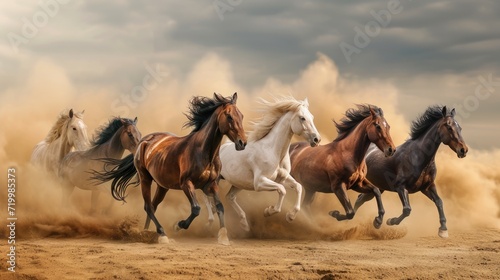 Group of horses running gallop in the desert.