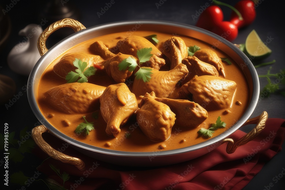 Chicken curry with rice and spices on a dark background Chicken curry with rice and spices on a dark background
