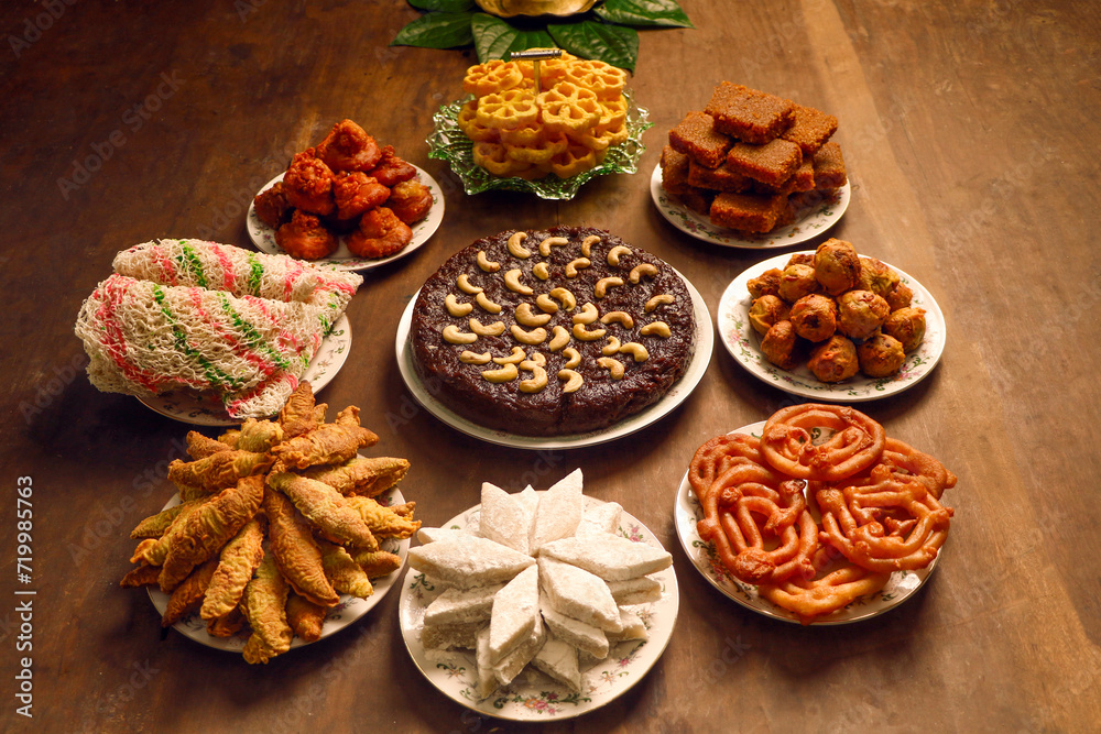 Sinhala Tamil New Year Traditional Foods with Oil lamp, Sri Lanka Stock