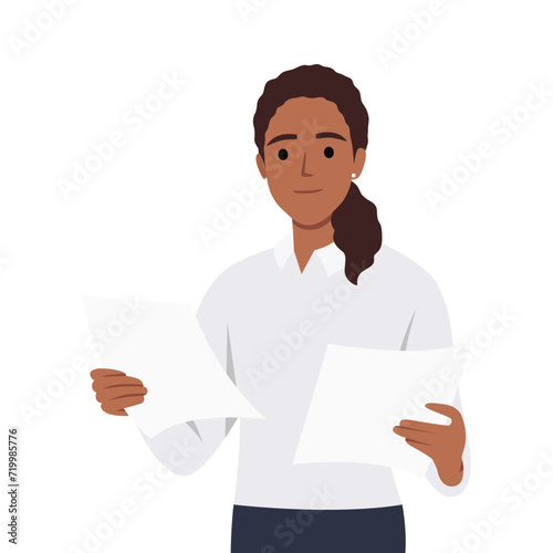 Proffesional young businesswoman clerk manager accountant reads report searching documents contracts. Flat vector illustration isolated on white background