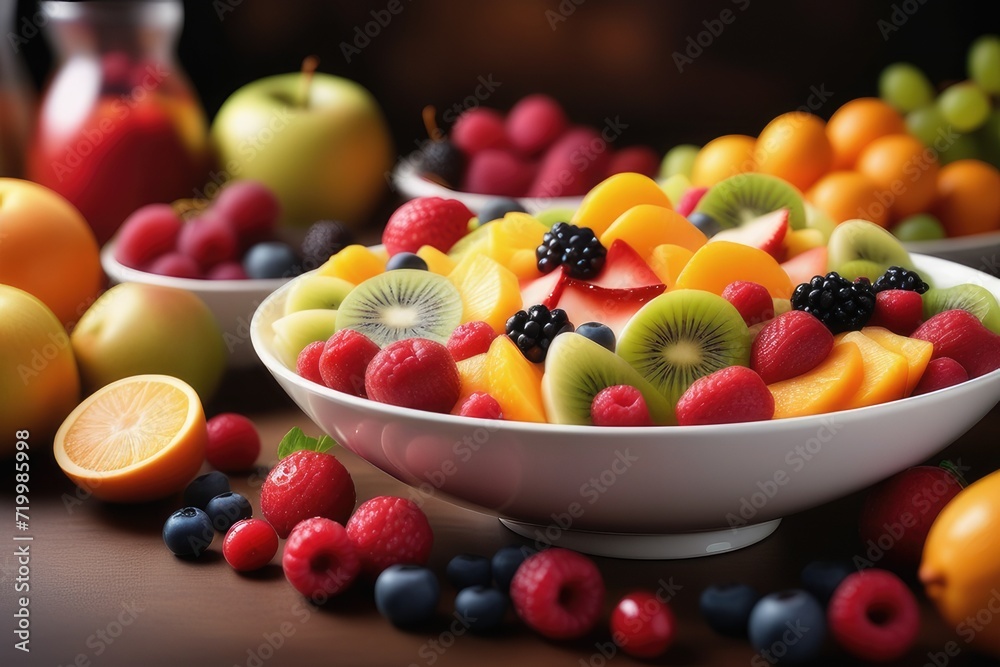 Healthy fruit salad with fresh fruits and berries in bowl on wooden table Healthy fruit salad with fresh fruits and berries in bowl on wooden table