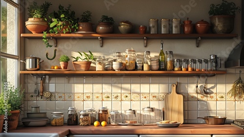 An inviting kitchen counter with open shelves displaying neatly arranged cookware and a batch of freshly baked cookies. 