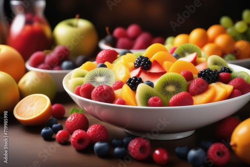 Healthy fruit salad with fresh fruits and berries in bowl on wooden table