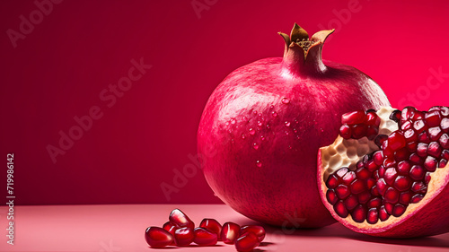 Pomegranate fruit and seeds. Food background