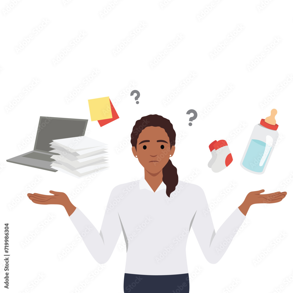 Confused woman thinking about motherhood or career. Frustrated female make decision of becoming mother or businesswoman. Flat vector illustration isolated on white background