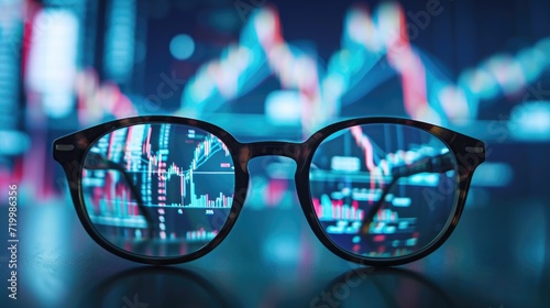 Stock market analysis concept with glasses before market charts, Ai Generated