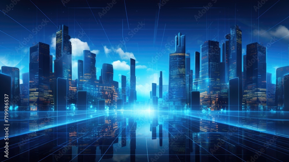 A metaverse smart technology city with digital futuristic data skyscrapers against a technological blue background, Ai Generated