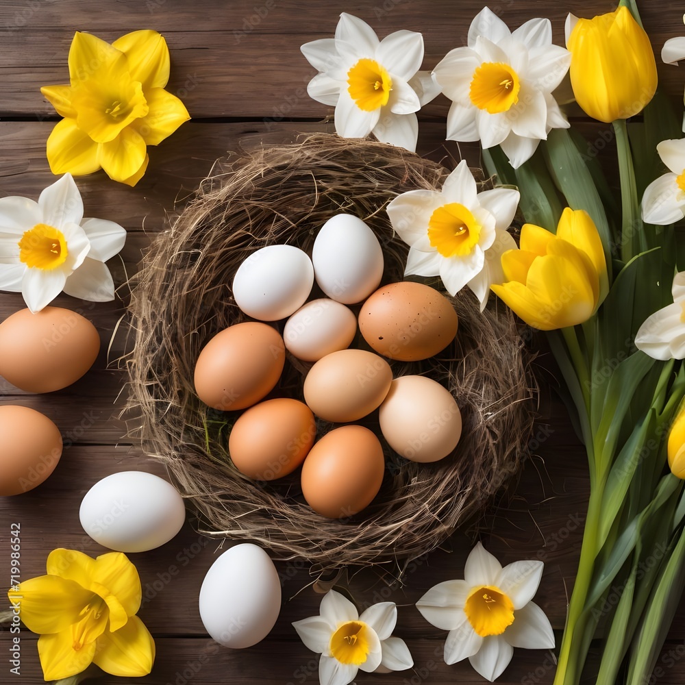 Easter still life with white daffodils and yellow eggs with design . Easter eggs in a nest with flowers on a wooden table. Happy Easter