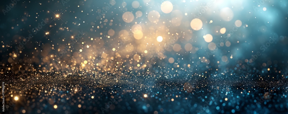 glitter blue background with bokeh and gold sparkles, in the style of interstellar nebulae, light black and dark beige, light gold and dark emerald, light sky-blue and dark indigo, whimsical and fanta