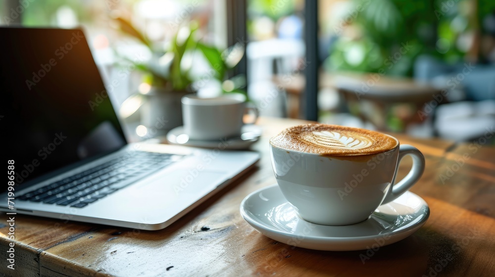A cup of coffee and a laptop on a wooden table, Ai Generated A cup of coffee and a laptop on a wooden table, Ai Generated