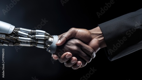 A handshake between a human and a machine, symbolizing human-machine collaboration, Ai Generated