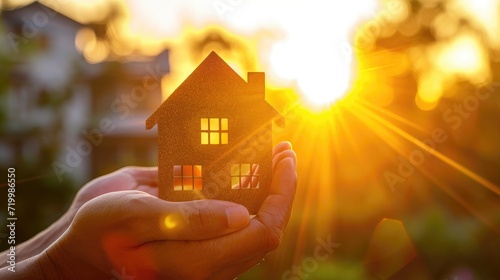 Real estate acquisition symbolized by hands holding a small house against the backdrop of sunlight, Ai Generated