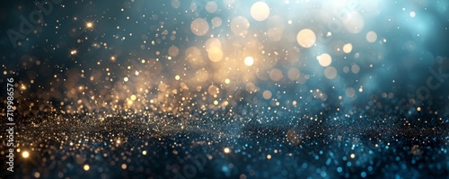 glitter blue background with bokeh and gold sparkles, in the style of interstellar nebulae, light black and dark beige, light gold and dark emerald, light sky-blue and dark indigo, whimsical and fanta photo
