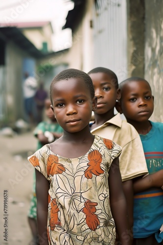 Unidentified Ghanaian little boys in colored shirt. Children of Ghana suffer of poverty due to the economic situation. AI.